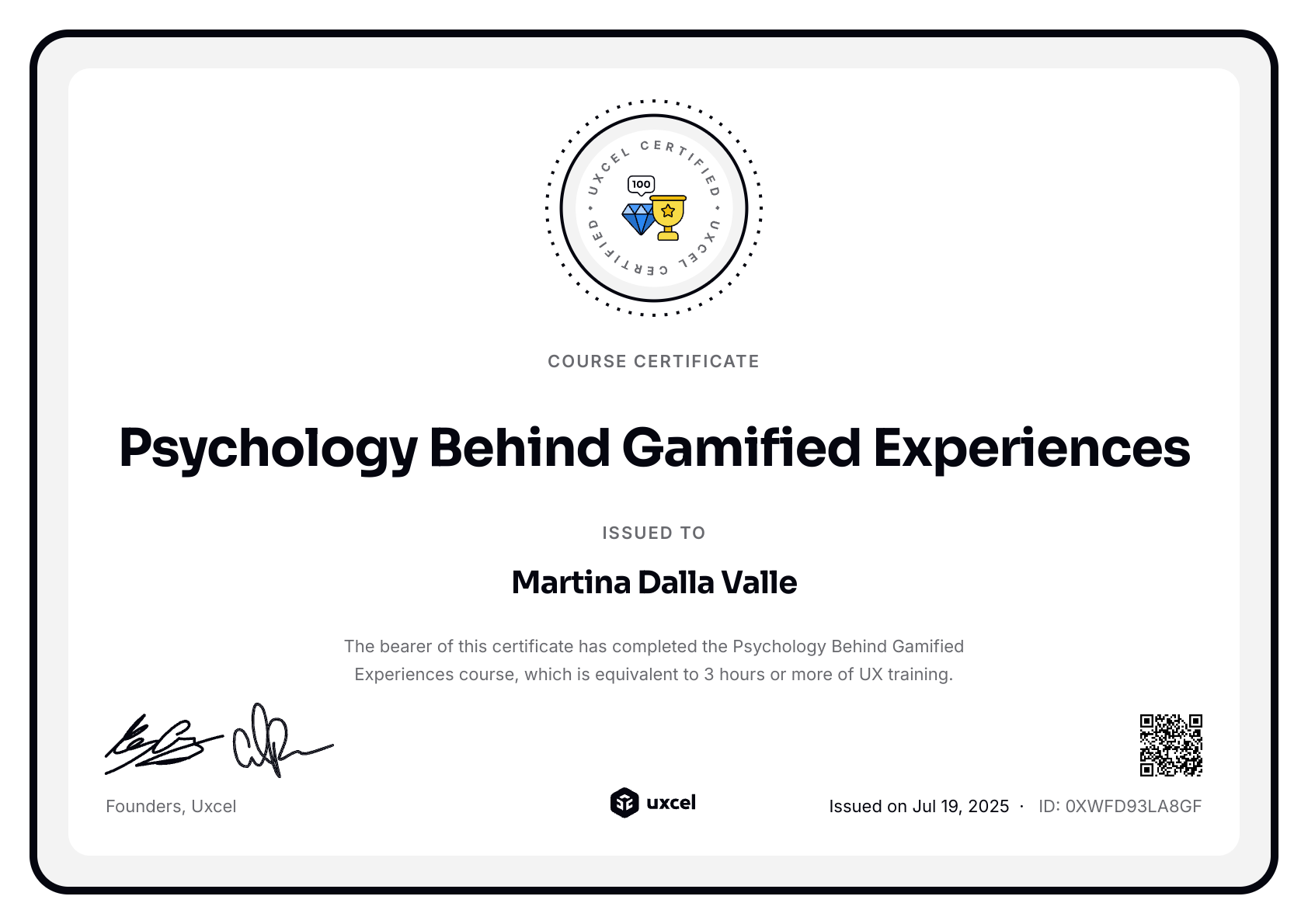Martina Dalla Valle's certificate